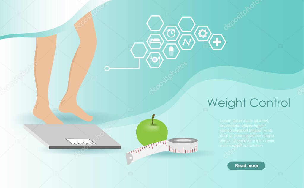 TitleWoman legs on weighing scale with green apple and measuring tape. Idea for healthy weighing control and dieting with proper nutrition foods.