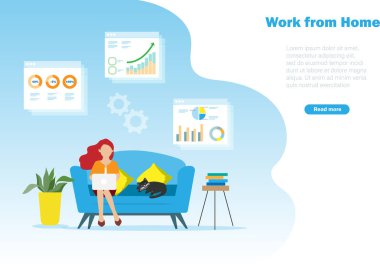 Bilgisayarda çalışan bir kadın. Grafik ve çizelge analizinde çalışıyor. Covid-19 salgınında küresel çevrimiçi teknoloji için fikir.