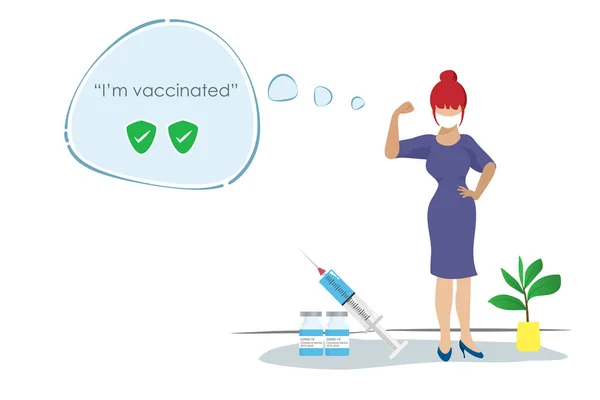 Silná Žena Aplikaci Dávek Vakcíny Covid Zněním Jsem Očkovaný — Stockový vektor