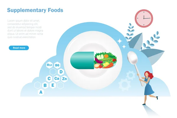 Συμπληρωματικά Τρόφιμα Φρέσκα Φρούτα Και Λαχανικά Κάψουλες Και Εικόνες Βιταμινών — Διανυσματικό Αρχείο