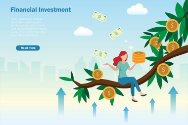 Elinde altın sikkelerle para ağacında oturan bir kadın ve artan büyüme grafiği. Yatırım karından başarılı bir dönüş 
