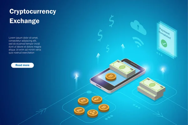 Cash Money Exchange Bitcoin Ethereum Litecoins Ripple Cash Platform Smartphone — Stock Vector