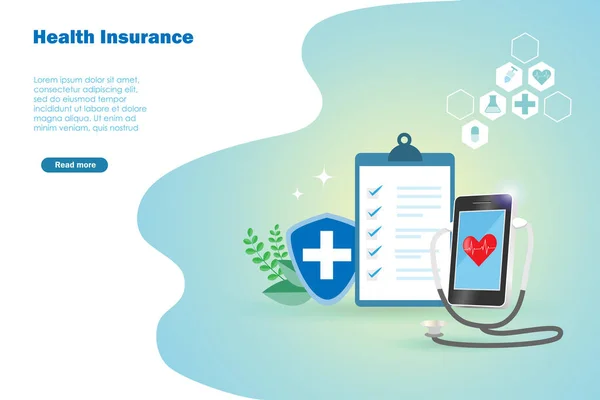 Sjukförsäkring Online Smart Telefon Med Stetoskop Online Kontrollera Patientens Hjärt — Stock vektor