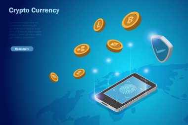 Şifreli para birimleri, bitcoin, ethereum, litekoins, dalgalanma ve Z Cash akıllı telefonda parmak izi tarama güvenliği ile. 