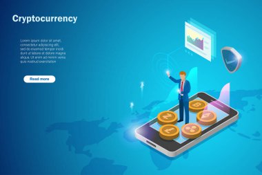 Bitcoin, ethereum, litekoins, dalgalanma ve Z Cash 'i analiz eden ve değiş tokuş eden bir iş adamı. Şifreli para birimleri akıllı telefonda takas platformu, fiat to spot, NFT konsepti. 