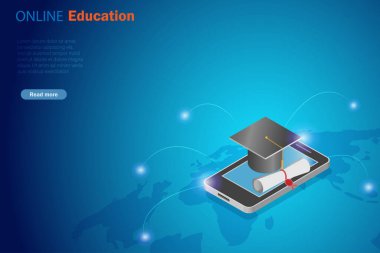 Küresel online eğitim. Dünya haritası geçmişi olan akıllı telefon ekranında mezuniyet başlığı ve sertifikası