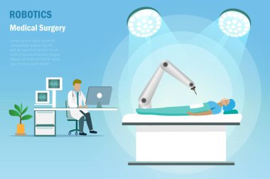 Robot tıbbi cerrahi. Hastanede doktor kontrollü robotik kollu hasta var. Bilim, sağlık ve sağlık alanındaki yenilik teknolojisi.