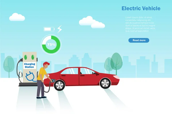 Carro Veículo Elétrico Homem Carregando Bateria Estação Carregamento Recursos Energéticos — Vetor de Stock