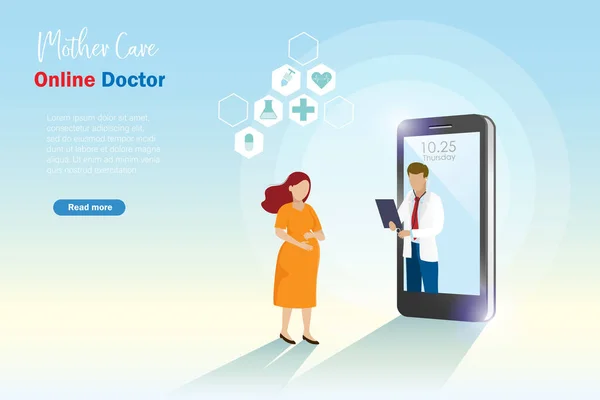 Donna Incinta Consulta Online Con Medico Virtuale Sull Applicazione Smartphone — Vettoriale Stock