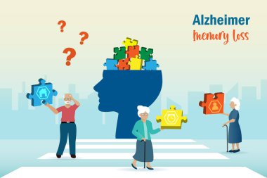 Bunama Alzheimer hastalıkları, hafıza kaybı ve beyin kaybı. Yaşlı adam ve kadın insan kafasında kayıp anıları buluyorlar. Yaşlılar için akıl sağlığı sorunu ve tıbbi bakım. Vektör