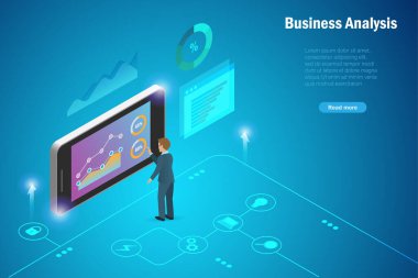 Akıllı telefonu kullanarak büyüme grafiği verilerini analiz eden bir iş adamı ve iş yatırımından elde edilen kâr. Akıllı teknoloji iş ve mali yatırımlarda başarı çözümleri geliştirir. Isometric. 