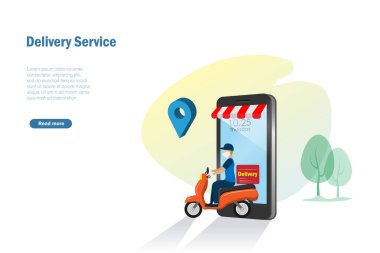 Çevrimiçi alışveriş, teslimat ve e-ticaret işi. Akıllı telefon ekranındaki teslimatçı müşteriye yiyecek ve paket getiriyor..