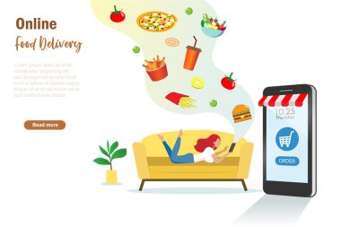 Kanepedeki kadın akıllı telefon uygulamasından yemek sipariş etti. Çevrimiçi gıda alışverişi, teslimat hizmeti ve e-ticaret işi. Vektör şablonu, pankart tasarımı.