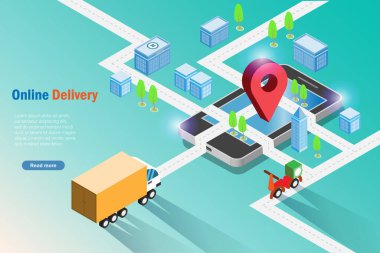 Isometric çevrimiçi lojistik. Sokak haritasında, akıllı telefon ekranında iğne ucu olan bir teslimat kamyonu ve motosiklet. Çevrimiçi ulaşım lojistik ve teslimat iş hizmeti.
