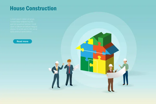 ジグソーパズルから家を建てることについて議論する建設エンジニアチーム 建設業のプロジェクト ベクターテンプレートバナー — ストックベクタ