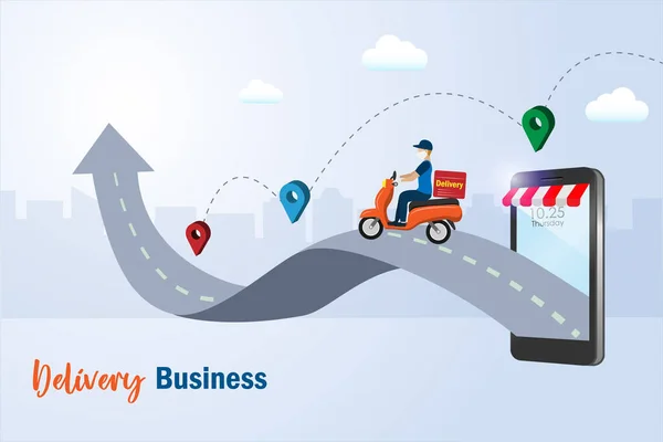 网上购物 送货服务和电子商务业务的增长图表和利润 智能手机送货员送食物给顾客 — 图库矢量图片