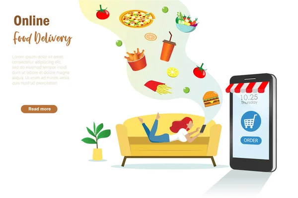 スマートフォンアプリでソファ注文食品の女性 オンライン食品ショッピング 配送サービス 電子商取引ビジネス ベクターテンプレート バナーデザイン — ストックベクタ