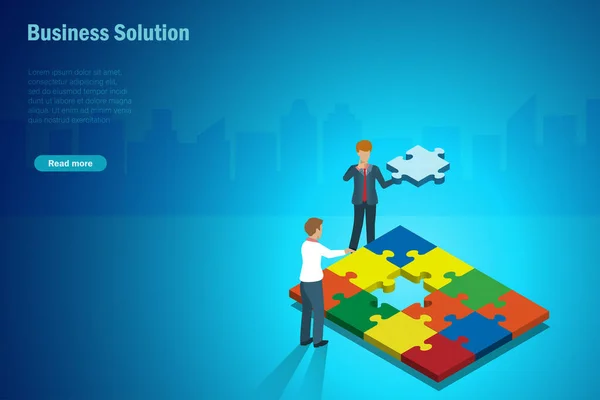 Les Hommes Affaires Discutent Solution Stratégie Affaires Sur Puzzle Pièce — Image vectorielle
