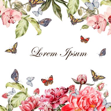 Güzel suluboya kağıdı ile Şakayık çiçekleri ve orkide çiçek. Kelebekler ve bitkiler.