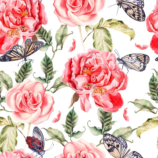 Pattern with watercolor realistic rose, peony and butterflies. — Stock Photo, Image