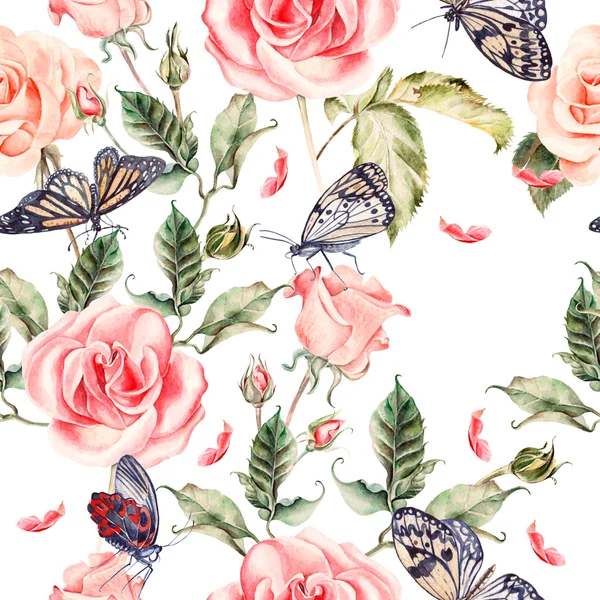 与水彩的现实玫瑰、 牡丹、 蝴蝶图案. — 图库照片