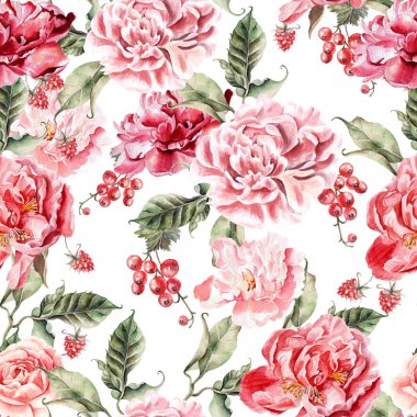 Güzel desen peonies ve çilek ile.