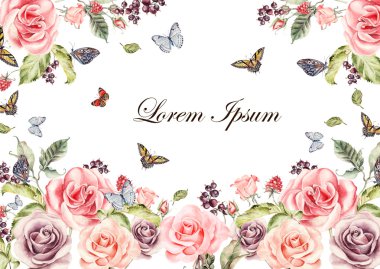 Güzel suluboya kart Şakayık çiçekleri ve orkide flover, zambaklar ve Lale. Butterflis, çilek ve bitkiler.