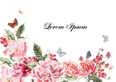 Şakayık çiçekleri, gül ve çilek ile güzel suluboya kartı. Kelebekler ve bitkiler.