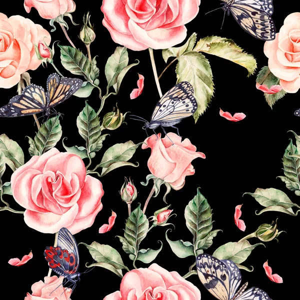 Patroon met aquarel realistische roos, peony en vlinders. — Stockfoto