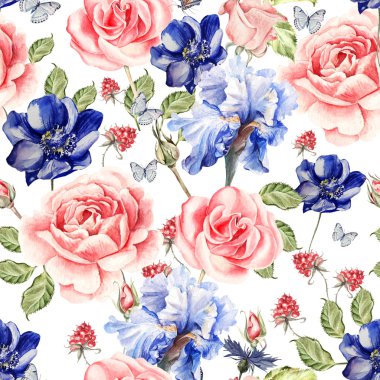 Gül, anemon ve süsen ile Seamless suluboya modeli. Ahududu ve yaprakları.