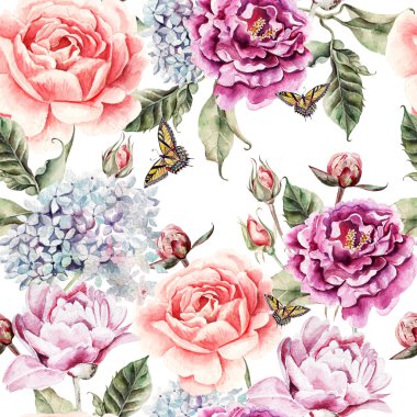 Çiçekler, ortanca, peonies, tomurcukları ve yaprakları ile suluboya desen.