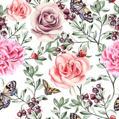 Sulu Boya gerçekçi gül, peonies, kelebekler ve bitkiler ile desen.