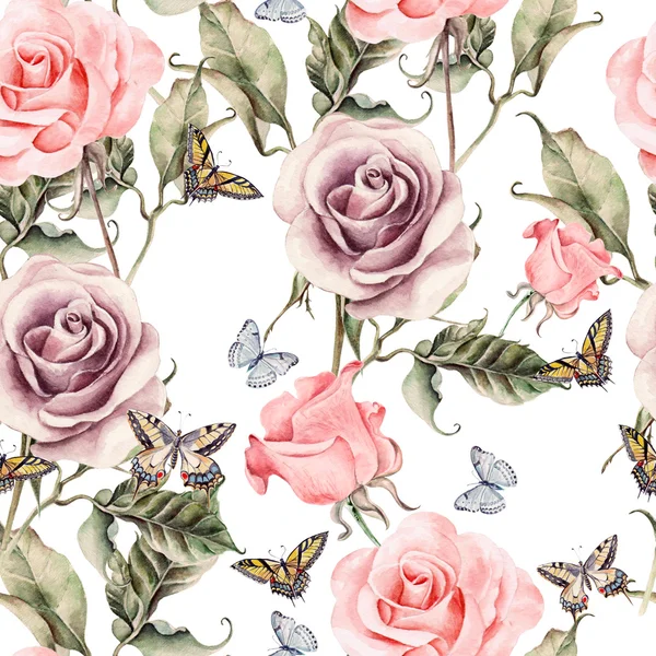 Modello con acquerello realistico rosa e farfalle . — Foto Stock