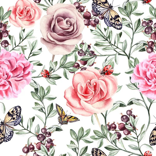 Padrão com aquarela realista rosa, peônias, borboletas e plantas . — Fotografia de Stock