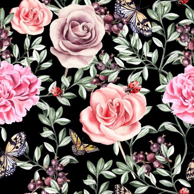 Sulu Boya gerçekçi gül, peonies, kelebekler ve bitkiler ile desen.
