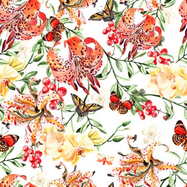 Çiçek lilyum, orkide ve çilek ile romantik suluboya desen.