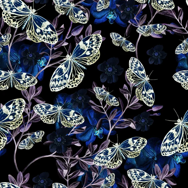 蘭の花、植物、蝶と水彩画のパターン. — ストック写真