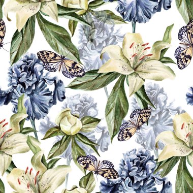 Çiçekler Iris, peonies ve lilyum, tomurcukları ve yaprakları ile suluboya desen.