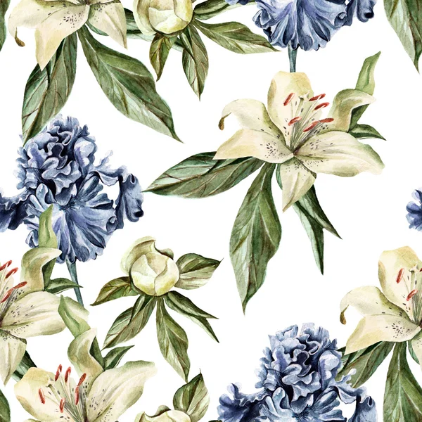 Çiçekler Iris, peonies ve lilyum, tomurcukları ve yaprakları ile suluboya desen.