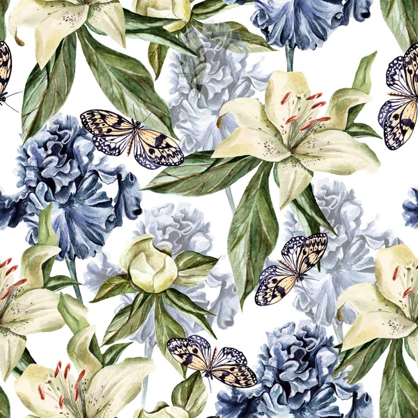 Watercolor pattern with flowers  iris, peonies and lilies, buds and petals. — Stock Photo, Image