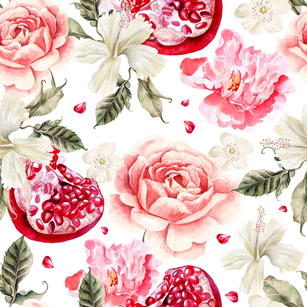 석류와 모란과 히 비 스커 스의 꽃 물 색 패턴 — 스톡 사진