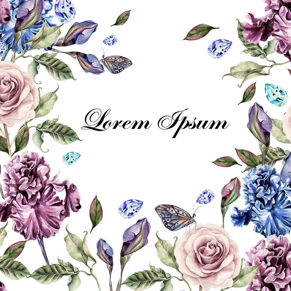 Nádherný akvarel karta s květy růže a květiny iris. Motýli a rostliny. — Stock fotografie