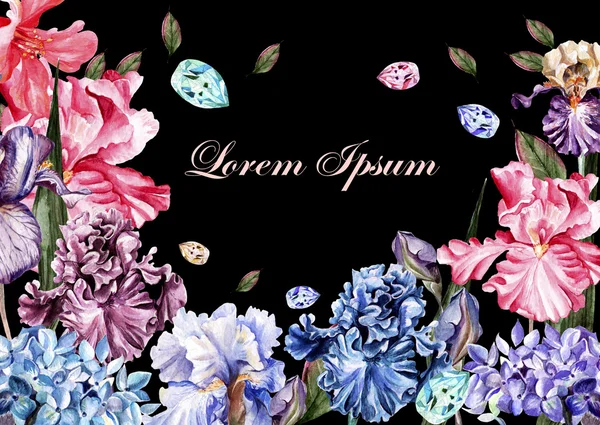 Belo cartão de aquarela com flores de rosa e flor de íris. Borboletas e plantas . — Fotografia de Stock