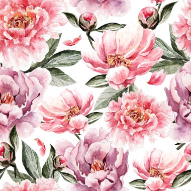 Çiçekler, peonies, gül, tomurcukları ve yaprakları suluboya desen. 