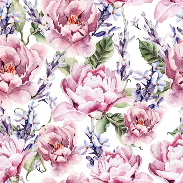 Watercolor seamless pattern with peony flowers and lavender. — Stock Photo, Image