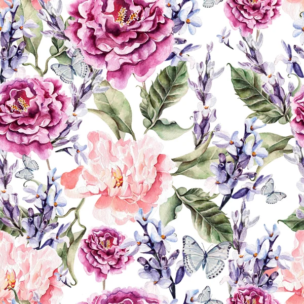 Watercolor seamless pattern with peony flowers and lavender. — Stock Photo, Image