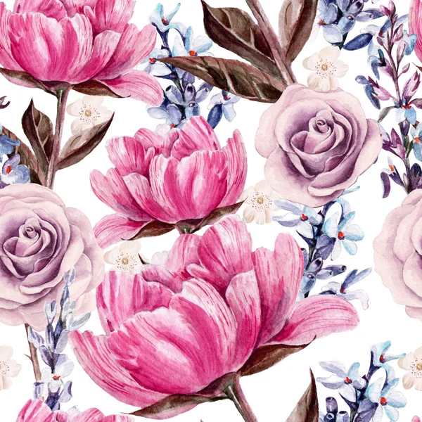 Naadloze patroon met aquarel bloemen. Pioenrozen, roos, lavendel. — Stockfoto