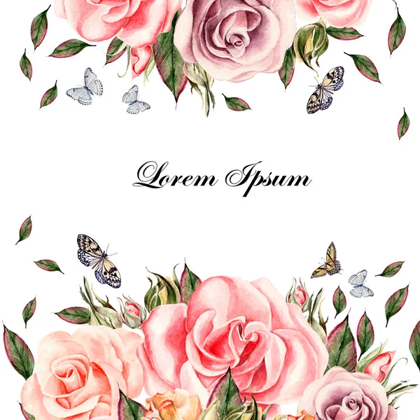 Nádherný akvarel karta s růžové květy a listy. Motýli a rostliny. — Stock fotografie
