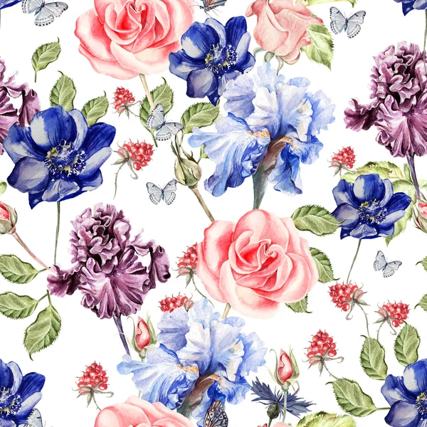Hermoso patrón de acuarela de colores con flores iris, anémonas, rosas y frambuesas . — Foto de Stock