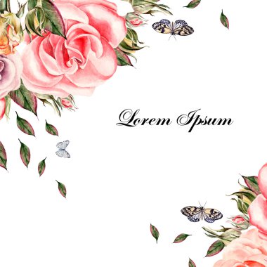 Gül çiçek ve yaprakları ile güzel suluboya kart. Kelebekler ve bitkiler.